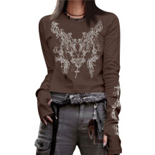 Graphische T-Shirts für Frauen, Teenager, Mädchen, Ästhetische Grunge-Gothic-Kleidung, Y2k-Shirt, Strick, Basic, Langarm-Oberteil, Herbst Kaffee S