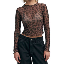 Maglietta A Maniche Lunghe con Stampa di Denaro, A Rete Trasparente da Donna, Modello Corto, Slim Tee Top Leopardo Nero M
