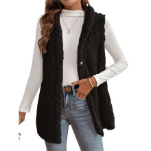 Herbst Winter Damen Doppelseitige Fleece Casual Kapuzen Strickjacke Weste Casual Oversize Warm Button Fleece Weste Schwarz L