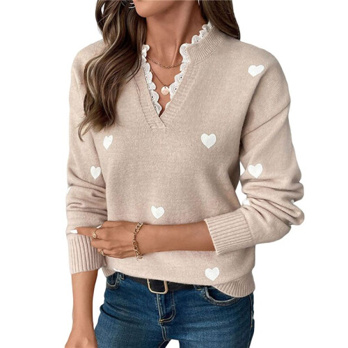 Süßer Pullover mit Herz-Print für Damen, V-Ausschnitt, Strickpullover mit Spitzenbesatz Khaki S