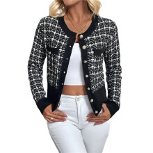 Damen Tweed-Karo-Blazer, Elegant, Lässig, Strickjacke mit Knopfleiste Vorne, Rundhalsausschnitt, Lange Ärmel, Strukturierte Strickjacke Schwarz S