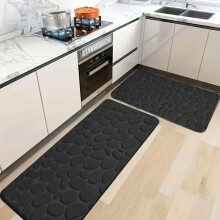 (Black, 40*60 40*120cm) 2pcs Pebble Embossed Flannel Kitchen & Bath Mats - Soft Non-Slip Quick-Dry Absorbent Mat, 100% Polyester for