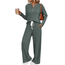 2-Teiliges Lounge-Set für Damen, Herbst, Henley-Ausschnitt, Pullover, Passende Trainingsanzüge, Bequemer Pyjama, Kleidung mit Taschen Grün XS