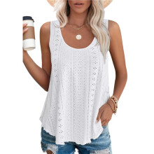 Damen Tank Tops Ärmellos Ösen Stickerei Rundhalsausschnitt Lockere Passform Lässig Sommer Fließend Weiß M