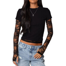 Damen T-Shirt Slim Fit Spitzeneinsatz Ärmel Crop Top mit Daumenloch Rundhalsausschnitt Y2K Stil für Einen Trendigen Schwarz L