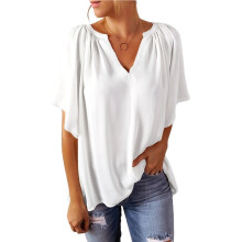 Damen-Oberteile, Elegant, Lässig, Frühling/Sommer 2025, V-Ausschnitt, Kurzärmelig, Hemden, Business-Casual, Chiffon-Blusen Weiß XXL