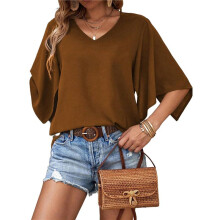 Damen Sommer Tops Elegante Freizeithemden 3/4 Ärmel V-Ausschnitt Arbeitsbluse Business Freizeithemden Dunkelbraun XXL