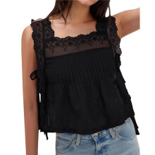 Damen Spitzen-Tanktop, Y2K, Ärmellos, Seitlich Geteilt, zum Binden, Transparentes Rüschenhemd, Sommer, Ausgehen, Bauchfreies Top Schwarz M