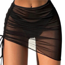 Damen-Badeanzug mit Kordelzug, Gerüscht, Transparent, Strand-Netzstoff, Badeanzug-Überzug, Bikini-Überzug Schwarz XL