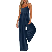Jumpsuits für Damen, Spaghettiträger, Weites Bein, Einteiliger Overall, Sommer-Strampler mit Taschen Marineblau S