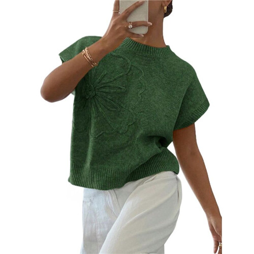 Damen Rippenpullover Rundhalsausschnitt Kurzarm Lockere Passform Blumenmuster Strickpullover Tops Dunkelgrün L