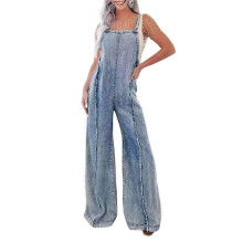 Damen-Jeansoverall mit Lockerer Passform, Verstellbaren Trägern, Weitem Bein, Langen Hosen, Ausgefransten Jeans-Overalls Blau M