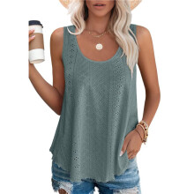 Damen Tank Tops Ärmellos Ösen Stickerei Rundhalsausschnitt Lockere Passform Lässig Sommer Fließend Grün L