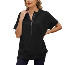 Damen Oversized Half Zip Hoodies Kurzarm Casual Sweatshirts Pullover Tops mit Taschen Schwarz M