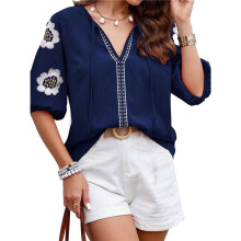 Damen Sommer Tops Blumen Bestickt Puff Kurzarm Shirts V-Ausschnitt Boho Tunika Casual Bluse Marineblau XL