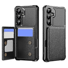 Galaxy S25 Case with Card Slot & Kickstand, Leather + TPU Reinforced Corner Protective Phone Cover