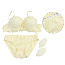 Completo intimo da donna in cotone e pizzo, reggiseno e slip, giallo, taglia 75B.