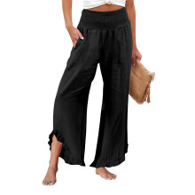 Women's linen wide-leg trousers with pleats, ruffled-Black S