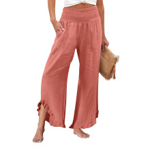 Women's linen wide-leg trousers with pleats, ruffled-Orange M