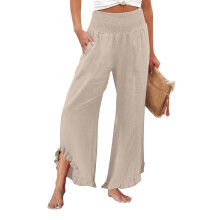 Women's linen wide-leg trousers with pleats, ruffled-Khaki XXXL