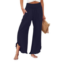 Women's linen wide-leg trousers with pleats,-Navy Blue L