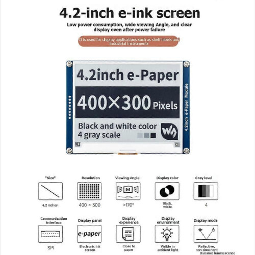 Waveshare 4.2 Inch compatible Raspberry Pi 4 E-Ink Display Module E-Ink Display Black White with SPI Interface compatible Arduino Nucleo STM32 2