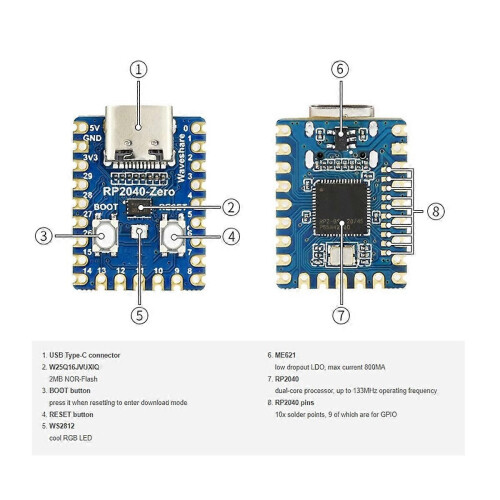 RP2040-Zero Microcontroller Development Board for RP2040 Dual-Core M0+ Processor 2MB Flash 5Pcs 1