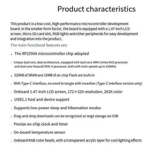 RP2350 Πλακέτα ανάπτυξης LCD 1,47 ιντσών ARM -M33 με χάντρες λάμπ 1