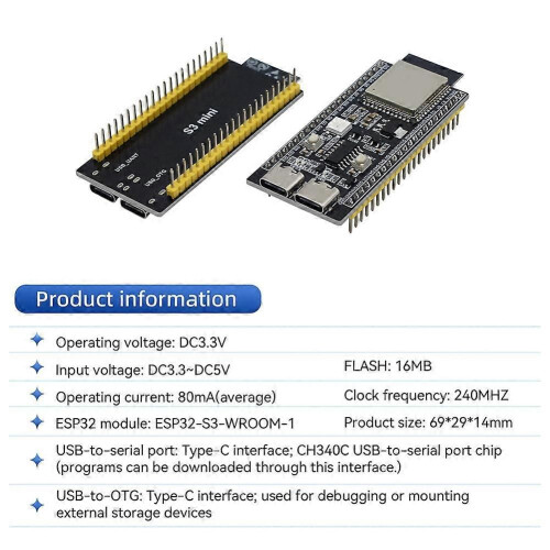 ESP32-S3 WIFI BT MINI Πλακέτα Ανάπτυξης 44Pin Type-C Συμβατό με USB Arduino IDE 1