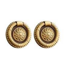 Brass Cabinet Rings Gold Knobs, Drawer Knobs Round European Handles Antique Gold Pull for Dresser, Home Kitchen, 2 Pack