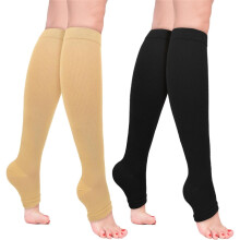 (S/M, Black+Skin) 2 Pairs Open Toe Compression Socks Women Men, 20-30mmHg Flight Compression Socks for Women, Toeless Pressure Socks for Calf Support