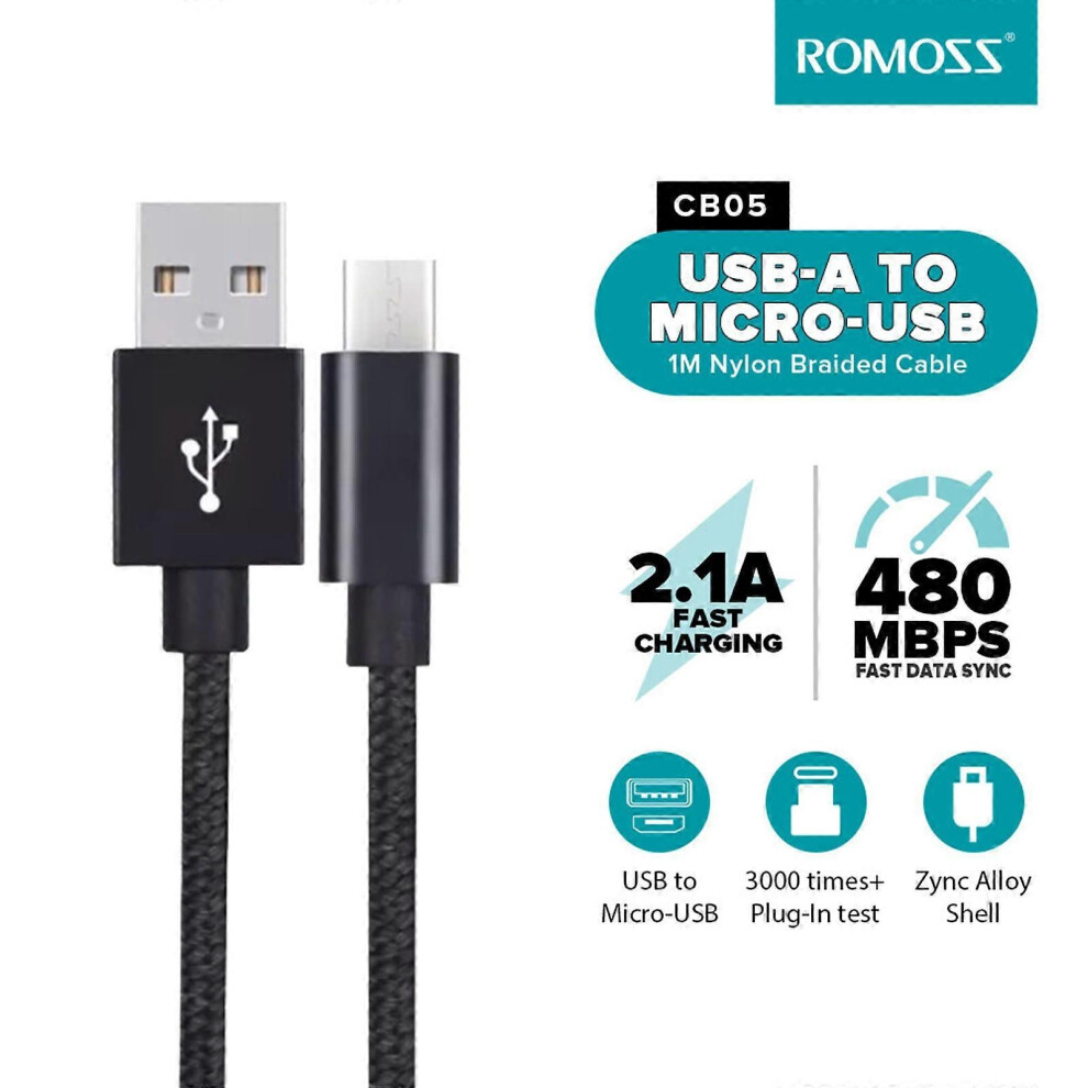 Romoss Cb05 Nylon Micro Usb Charging Cable 1M Durable Nylon Braided Tangle Usb 2.0 A Male To Micro Usb Male Sync And Fast Charging Cord 9319739661224