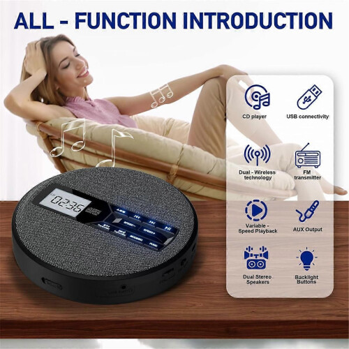 Φορητό CD Player, Επαναφορτιζόμενο CD Player με Διπλά Ηχεία και Anti Skip, CD, Διπλό Bluetooth, FM Tra 1