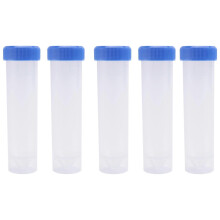 5 stuks transparante plastic centrifugebuizen van 50 ml met schaalverdeling. Vrijstaande plastic reageerbuizen