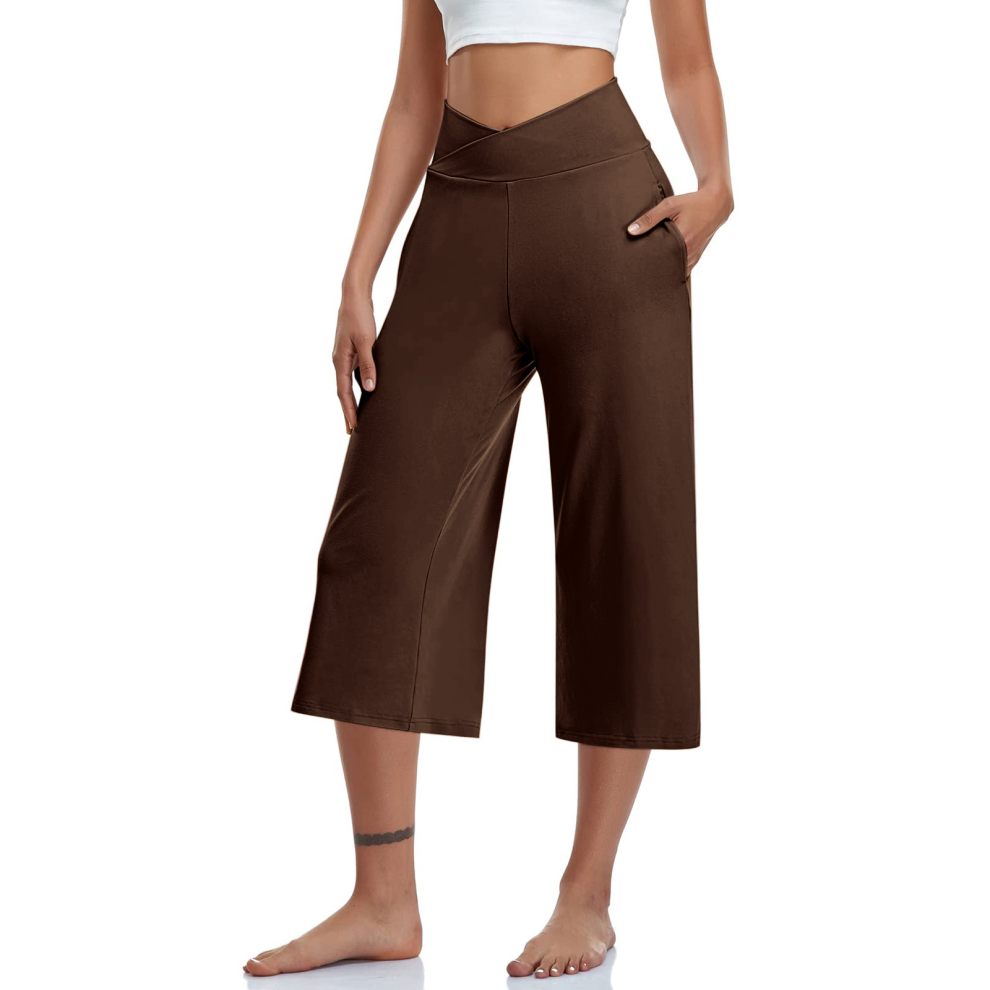 Women with Pockets Loose Fit Wide Leg Yoga Pants-Dark Brown XL