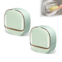 Waterproof Wall Mounted Soap Dish with Flip Lid Drain Tray, No‑Drill Luxury Light Green Twin Set
