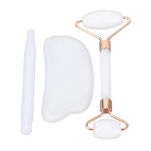 3pcs Jadestone Roller Facial Tools with Acupuncture Pen Ingot Shape Scraper Deep Tissue Trigger Point Massage Gua Sha Scraping Massage Tool White