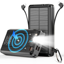 Solar Power Bank 52800mAh Portable Charger with Built‑in 4 Cables, Wireless Charging, LED Flashlight for Camping