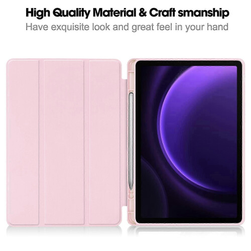 Δερμάτινη θήκη τριπλής αναδίπλωσης για το Galaxy Tab S10 FE S9 FE με υποδοχή για στυλό, ροζ 1