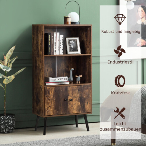 Vintage Bookshelf with 3 Shelves & 2 Doors, Solid Wood Legs