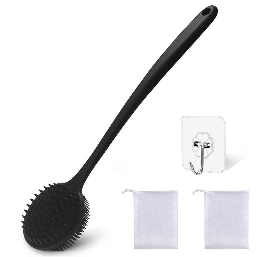 Dual-Sided Silicone Shower Brush - Long Handle Back Scrubber for Exfoliation & Massage, Creates Rich Lather