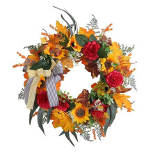 Herbstkränze für die Haustür, Sonnenblumen-Herbstkranz, Kürbisse und Juteschleifen, für den Landhausstil