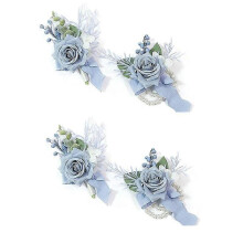 4PCS Dusty Blue Corsage and Boutonniere Set, Prom Artificial Flower Wrist Corsage Bracelets