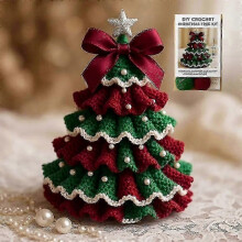 DIY Crochet Christmas Tree Kit with Bow Pearl Embellishment, Beginner-Friendly Yarn Hook Beads Instructions for Holiday Decor
