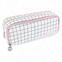 Pink Plaid Canvas Pencil Pouch with 3 Compartments - Washable and Durable School Stationery Organizer