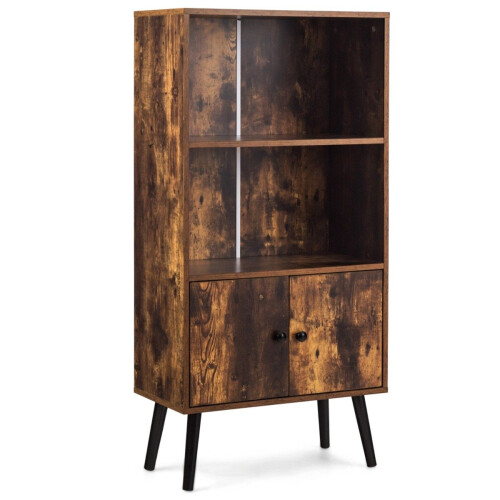 Vintage Bookshelf with 3 Shelves & 2 Doors, Solid Wood Legs 1