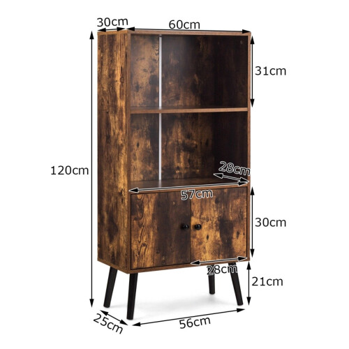 Vintage Bookshelf with 3 Shelves & 2 Doors, Solid Wood Legs 2