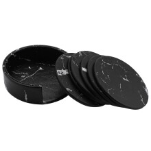 Coasters for Drinks 6-Piece with Holder,Marble Black Round Cup Mat Pad Set Of Home and Kitchen Use