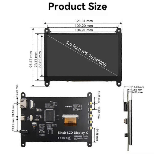 Οθόνη αφής LCD IPS 5 ιντσών, μίνι οθόνη υπολογιστή 5 ιντσών 1024x 1