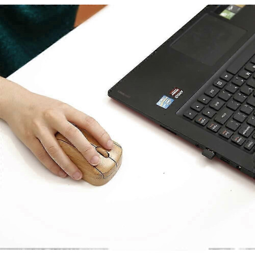 Mouse ottico wireless in bambù con ricevitore USB, compatibile con laptop e computer. 2